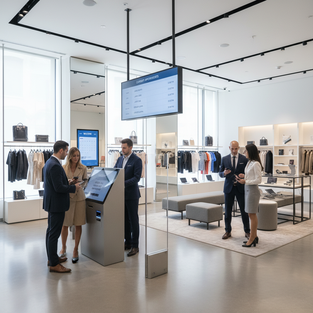 Modern retail store interior with digital displays and customers shopping with mobile devices