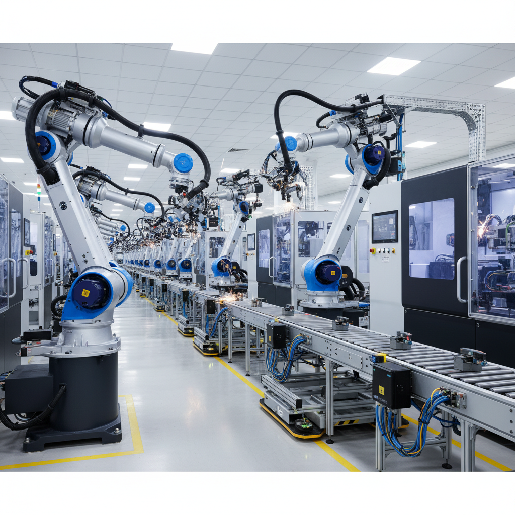 Industrial manufacturing floor with robotic arms and automated assembly line equipment