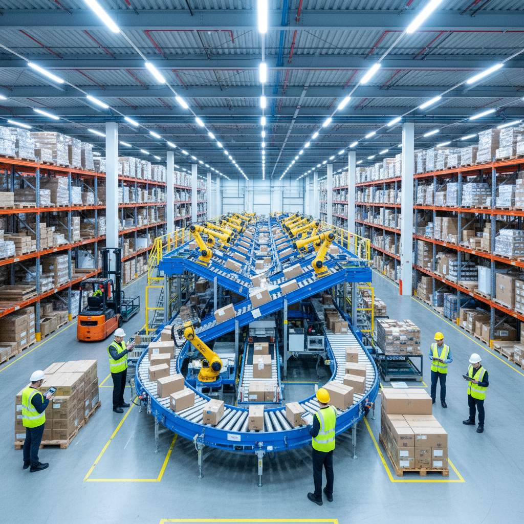 Large warehouse with organized inventory shelves and automated sorting systems