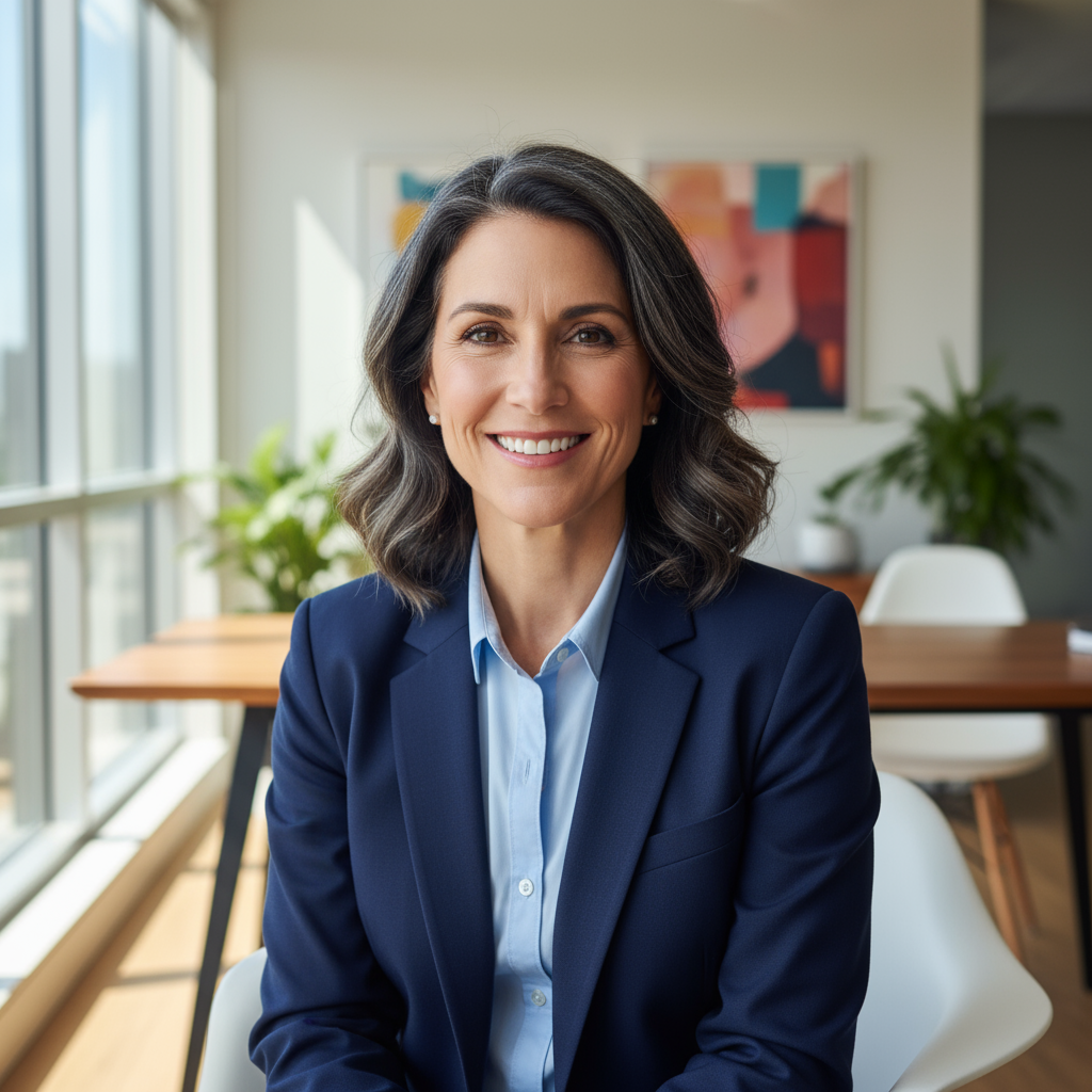 Professional woman with short brown hair in navy blazer smiling confidently in modern office