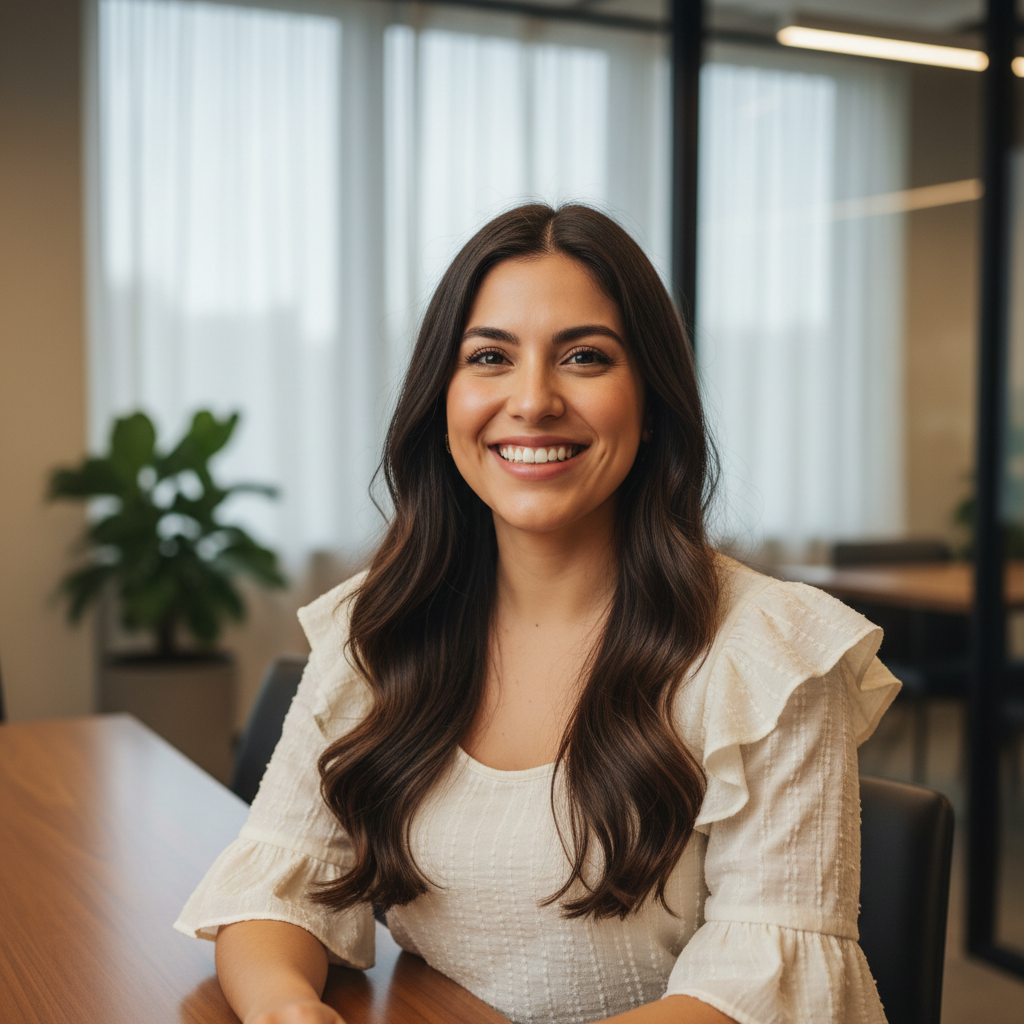Hispanic woman with long dark hair in white blouse smiling warmly in professional setting