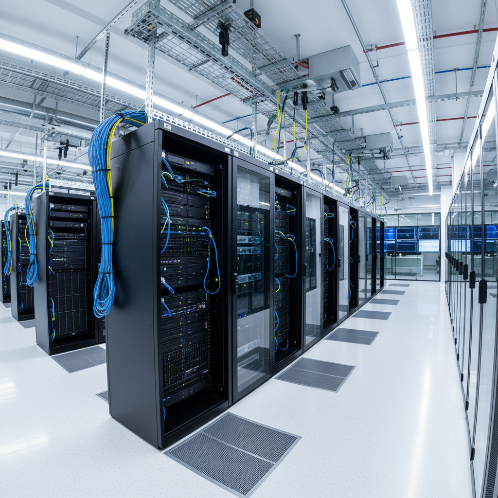 Modern data center with rows of blue-lit server racks in clean white facility