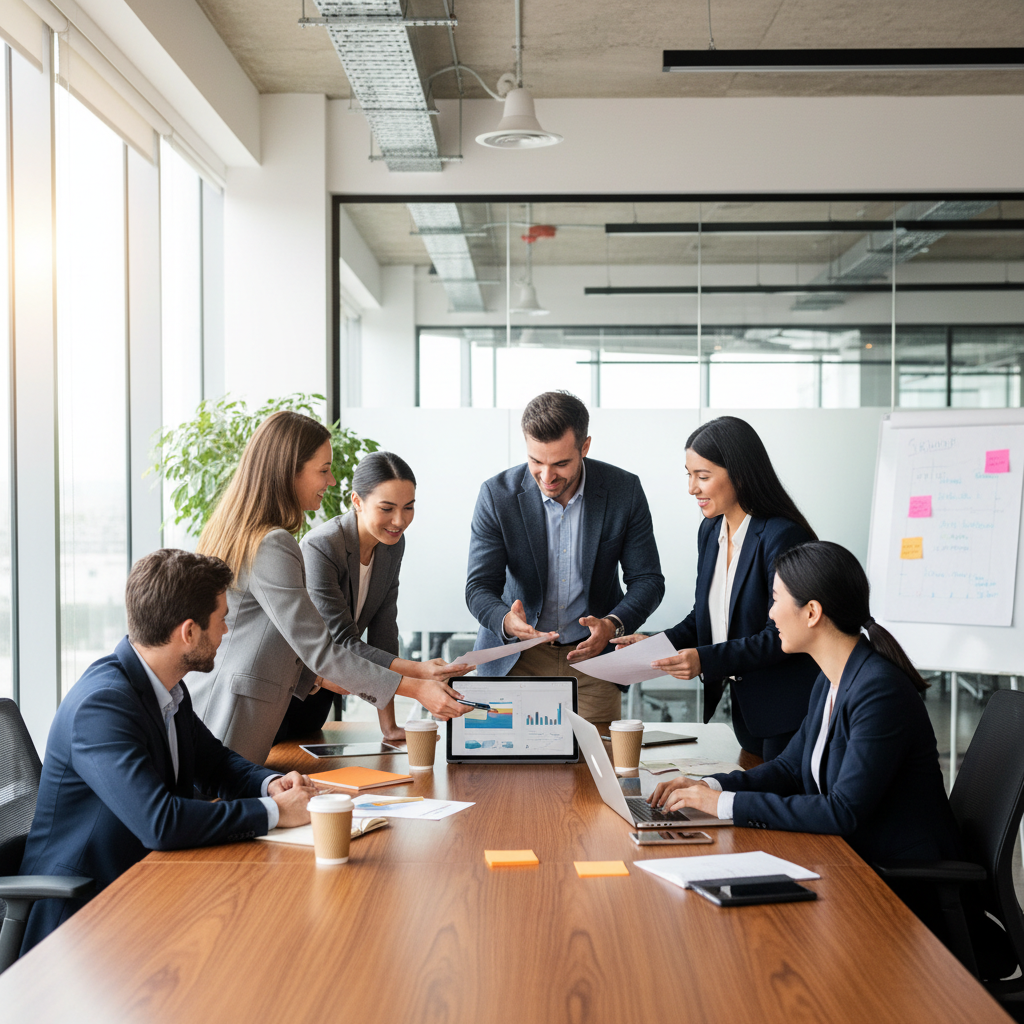 Diverse team of professionals collaborating around modern conference table with laptops and documents